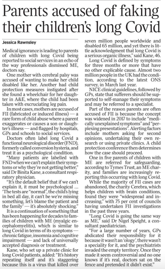 .@JrRawnsley .@MEAssociation From The Times, 17/4/24 - includes substantial quote from Dr Nigel Speight, hon paediatric adviser to The ME Association #mecfs #LongCovid #MyalgicEncephalomyelitis If necessary, click on the image to read the full story.