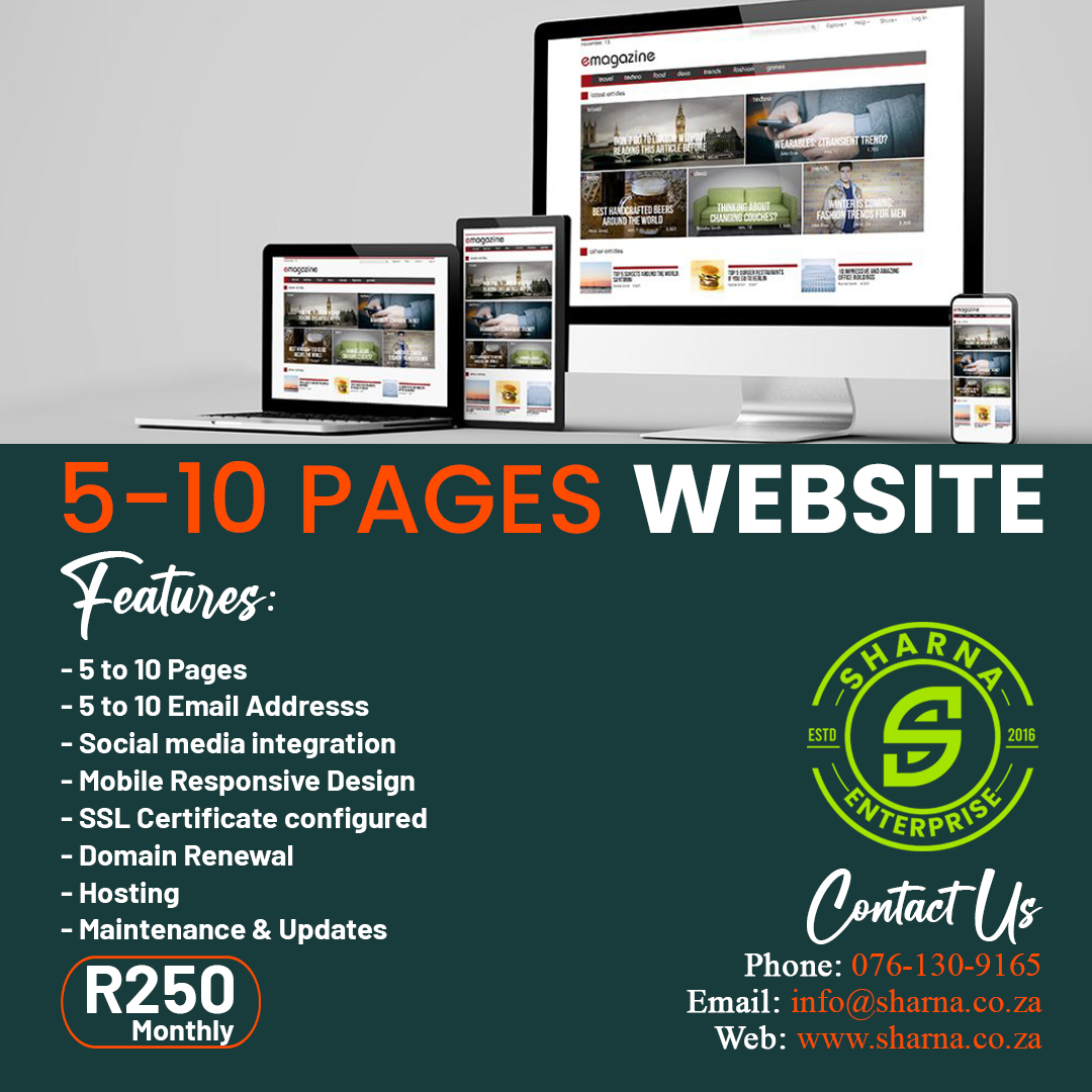 Sharna Enterprise (@sharnarsa) on Twitter photo Ready to offer more with your website? Our 5-10 Pages Website Development is perfect for businesses needing comprehensive online content. More pages, more details, more impact! Contact Sharna Enterprise! 🌟💼
Phone: 076 130 9165
Email: info@sharna.co.za
#BusinessGrowth Ready to offer more with your website? Our 5-10 Pages Website Development is perfect for businesses needing comprehensive online content. More pages, more details, more impact! Contact Sharna Enterprise! 🌟💼
Phone: 076 130 9165
Email: info@sharna.co.za
#BusinessGrowth