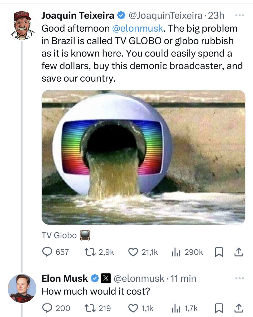 Elon Musk respondendo Joaquin Teixeira sobre comprar a Globo haha