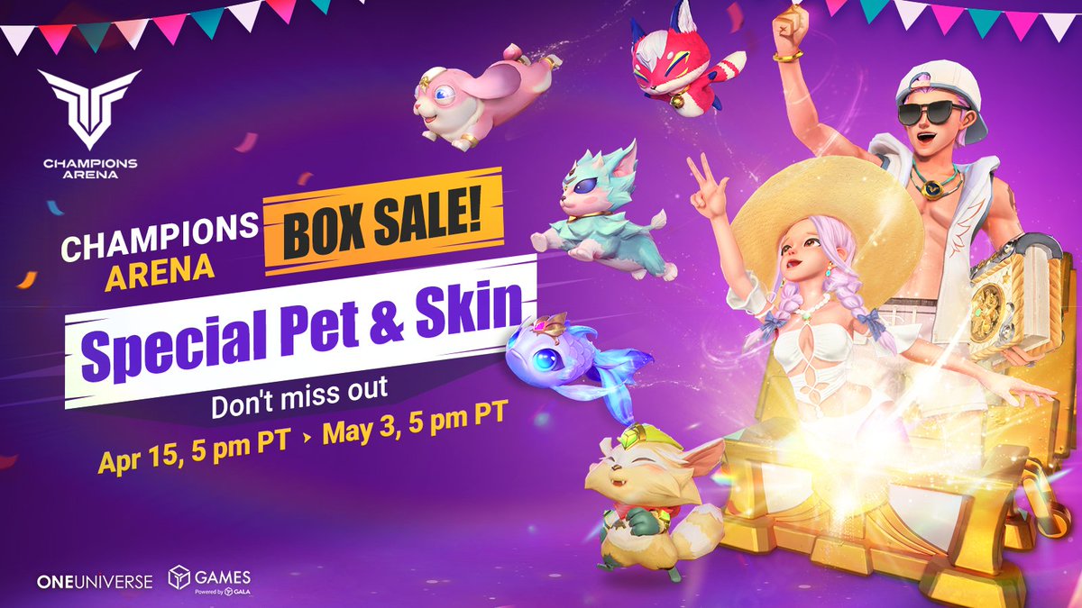 📢 $GALA Gamers, The Champions Arena Pet Sale is still live! 🔗: smilinmonster.com/Sale Price: $110.00 Total Quantity:1,000 Sale Period: 16 April 2024 - 4 May 2024 🟨Legendary Skins: 7.2% 🟨Legendary Pets: 5.4% 🟪Epic Pets: 12.5% 🟦Rare Pets: 24.8% 💎Gem Pack: 49.80%