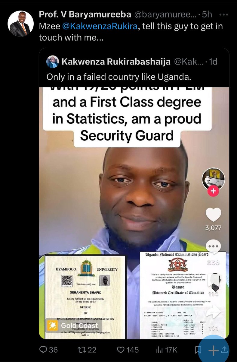 My name is Sebanenya Shafic and i am the one in the video that has recently circulated over the media .
Tel: +256702296853
Email: sebanenyashafic2@gmail.com
Any assistance is welcome@KakwenzaRukira <a href="/baryamureeba/">Prof. V Baryamureeba</a> <a href="/Makerere/">Makerere University</a> <a href="/StatisticsUg/">UBOS Uganda Bureau of Statistics</a> <a href="/kyambogou/">KYAMBOGO UNIVERSITY</a> <a href="/YKMUSEVENI/">Yoweri K Museveni</a> <a href="/Pres/">Pres</a>