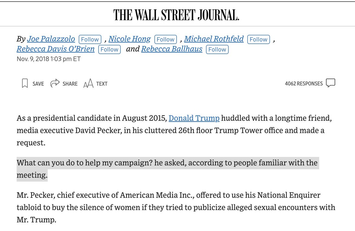 3/ Pecker was principal at August 2015 Trump Tower meeting with Trump and Michael Cohen setting up catch-and-kill election operation. Great WSJ reporting⤵️ 'What can you do to help my campaign? he asked, according to people familiar with the meeting.' wsj.com/articles/donal…