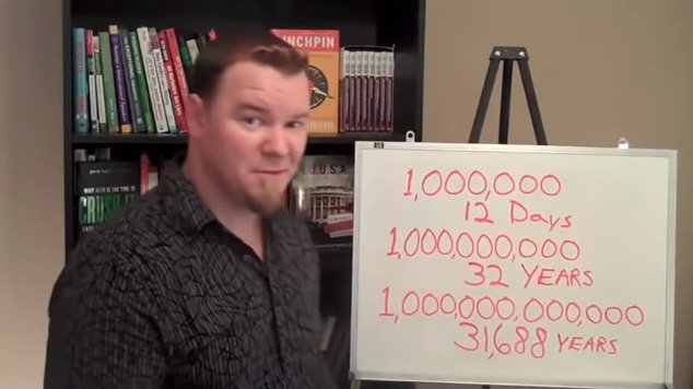 The magnitude of difference between 1 million and 1 billion is not that intuitive and can be illustrated with this example of the time scale: - A million seconds is 12 days. - A billion seconds is 31 years. - A trillion seconds is 31,688 years