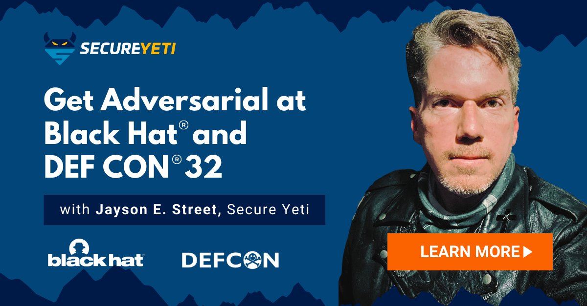 Elevate your cyber defense game at #BHUSA and #DEFCON with @SecureYeti. From situational awareness to hands-on adversary tactics, @jasonstreet is your guide across the cyber battlefield. Are you in? secureyeti.com/training-def-c… #CyberSecurity #CyberTraining