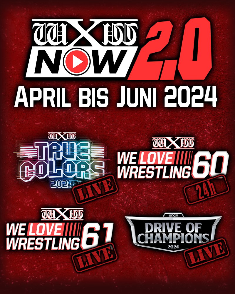 wXw live auf wXwNOW

Nachdem unsere Livestreams von #wXw16Carat Gold so gut gelaufen sind, nehmen wir diese Produktion mit auf Tour.

#wXwTrueColors (27.04. Dresden), wXw #WeLoveWrestling 61 (17.05. Hamburg) und #wXwDoC (01.06. Oberhausen) werden live mit deutschem Kommentar auf