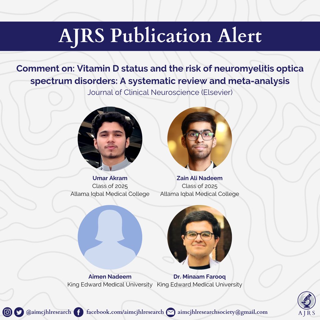 🎯 AJRS Publication Alert

🎉 We’re delighted to announce the publication titled, ‘Comment on: Vitamin D status and the risk of neuromyelitis optica spectrum disorders: A systematic review and meta-analysis’ in the Journal of Clinical Neuroscience (Elsevier)!