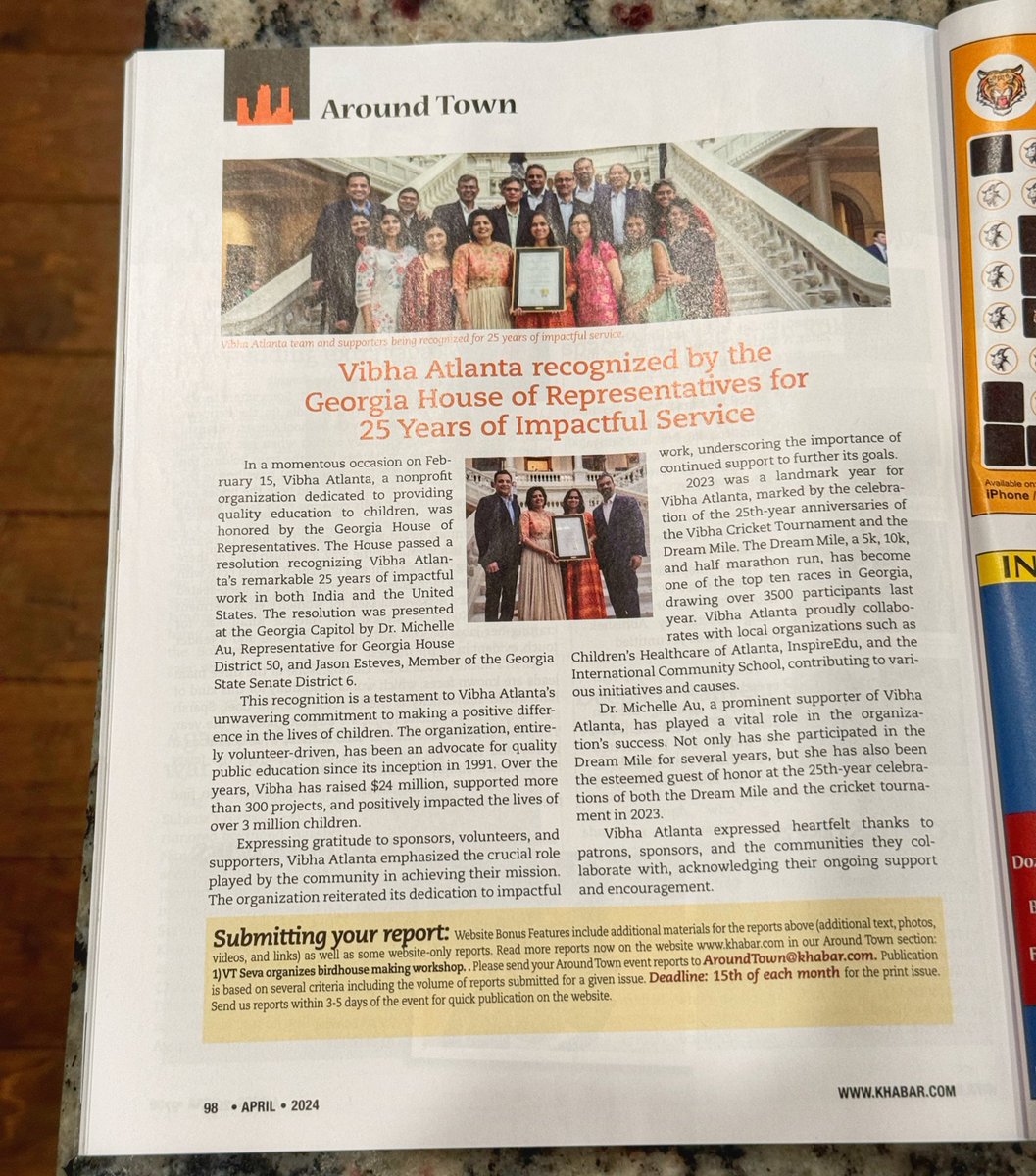 Spotted in Khabar Magazine, a feature on Vibha ATL and my presentation of #HR1052 at the Capitol this year recognizing their 25 years of service to the community! I am proud to have such engaged members of HD 50 working tirelessly to help students achieve their full potential!