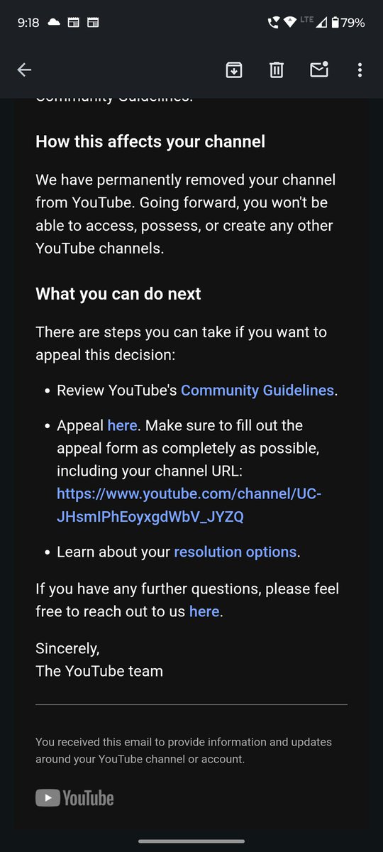 itisntnikhil's tweet photo. @TeamYouTube This is the email I have got ,I have also appealed but they said the decision stands unchanged 
My question is when I don't post anything in my youtube account 
How was my account all of sudden suspended?? 
I'm not a content creator 
Then how and what did I do ,I need to know ? https://t.co/uvUbCHlJ8a