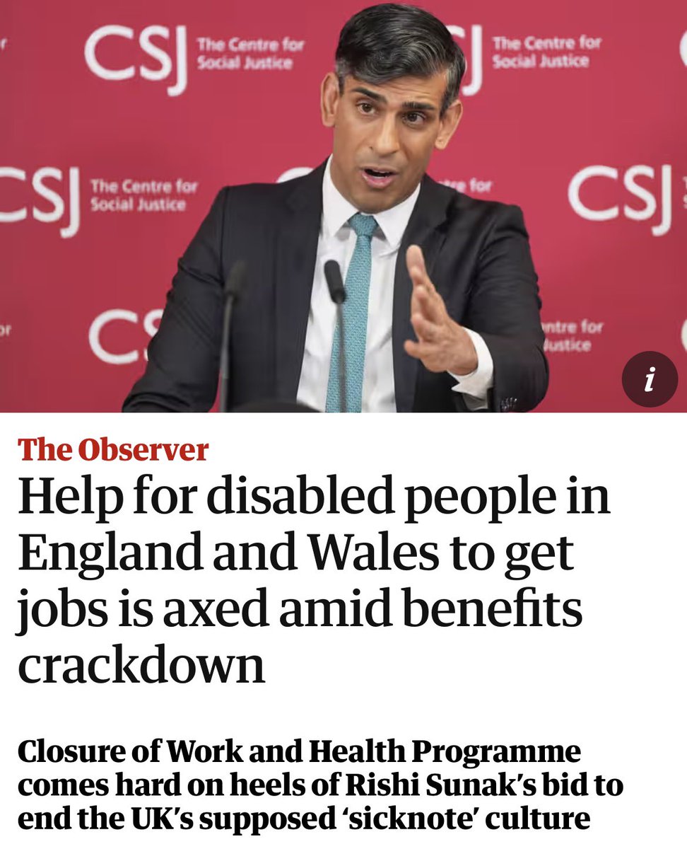 His true - & nakedly cruel - colours. First @RishiSunak declares he’ll cut benefits for 420,000 sick & disabled people to force them into work. Now, 2 days later, he scraps a major scheme, the Work & Health Programme, to help disabled people into work. theguardian.com/society/2024/a…