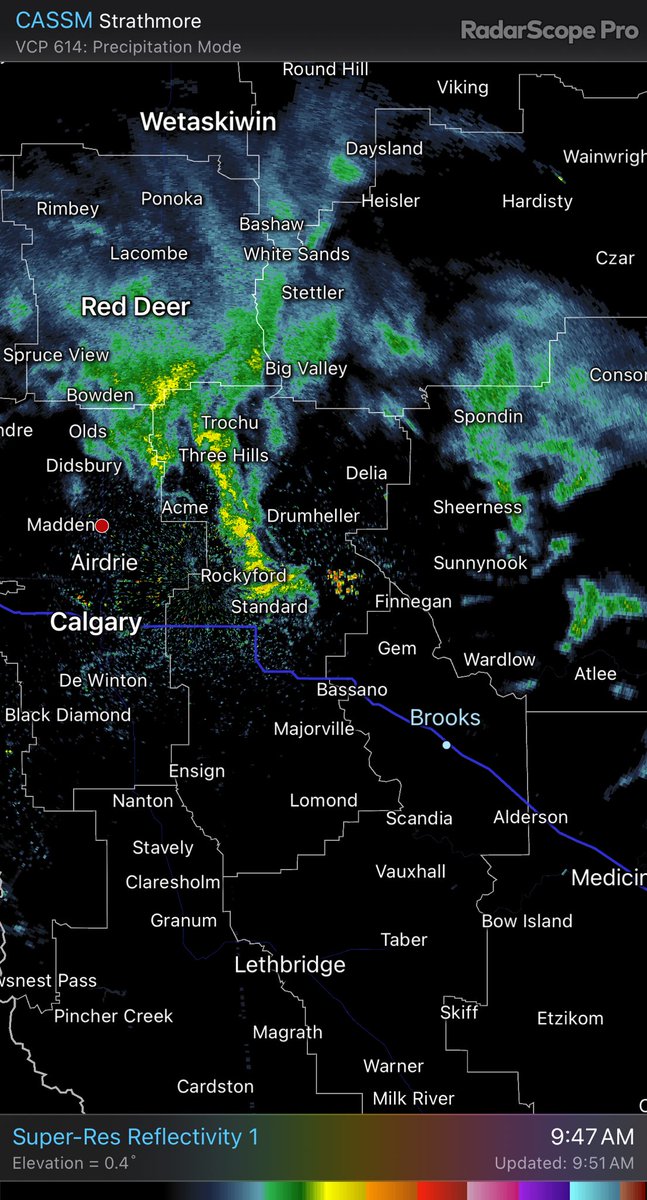 Showers moving through Central AB CASSM - Super-Res Reflectivity 1 9:47 AM #ABStorm