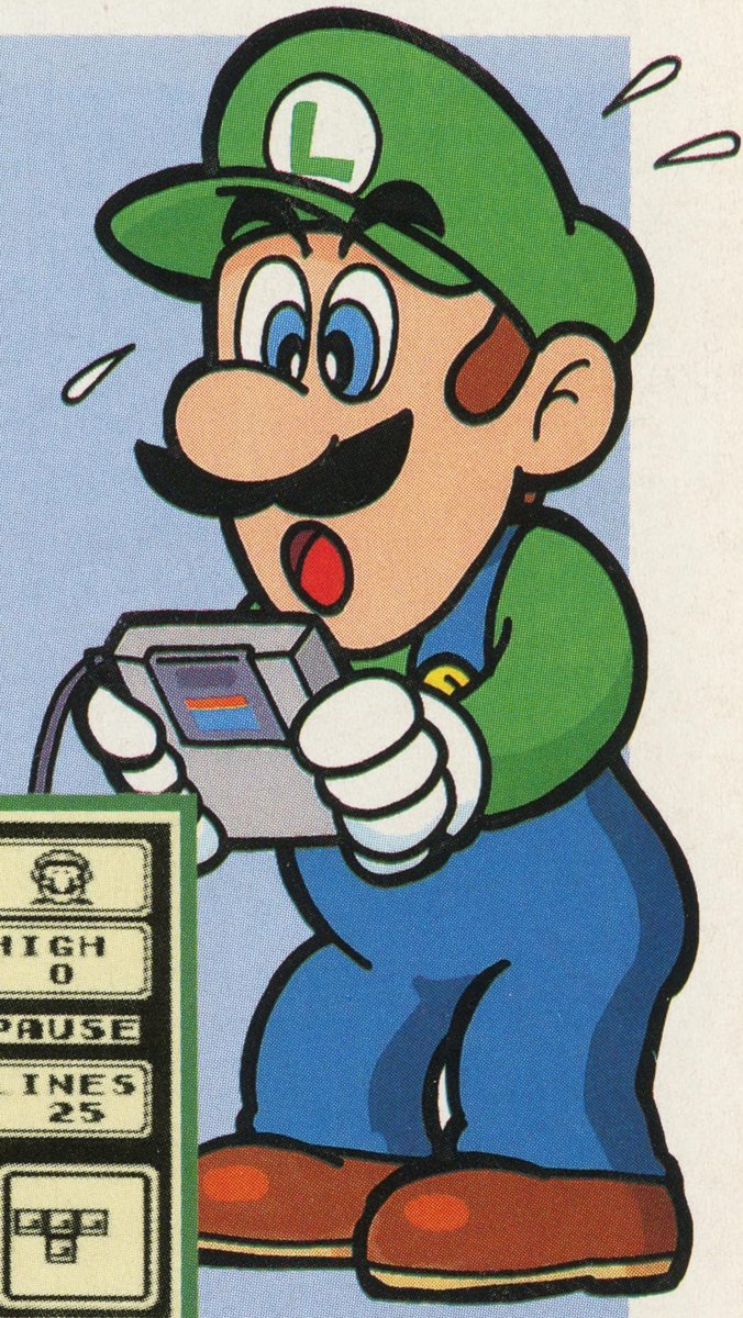 Luigi playing Tetris on a Game Boy. [ Club Nintendo Classic ]