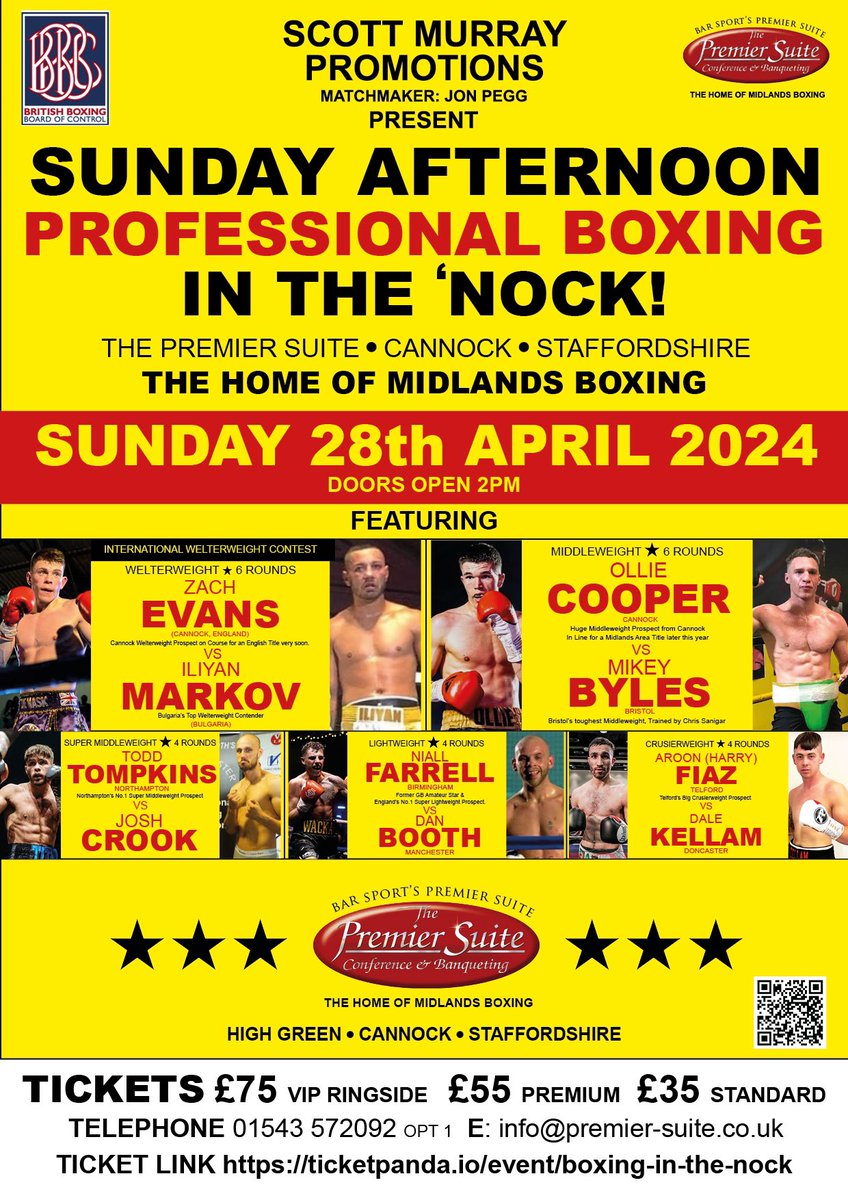 Sunday afternoon professional boxing is back in Cannock next Sunday at Bar Sport’s @ThePremierSuite with local talented prospects in 5 cracking fights on our 1st Open Show at our Staffordshire venue