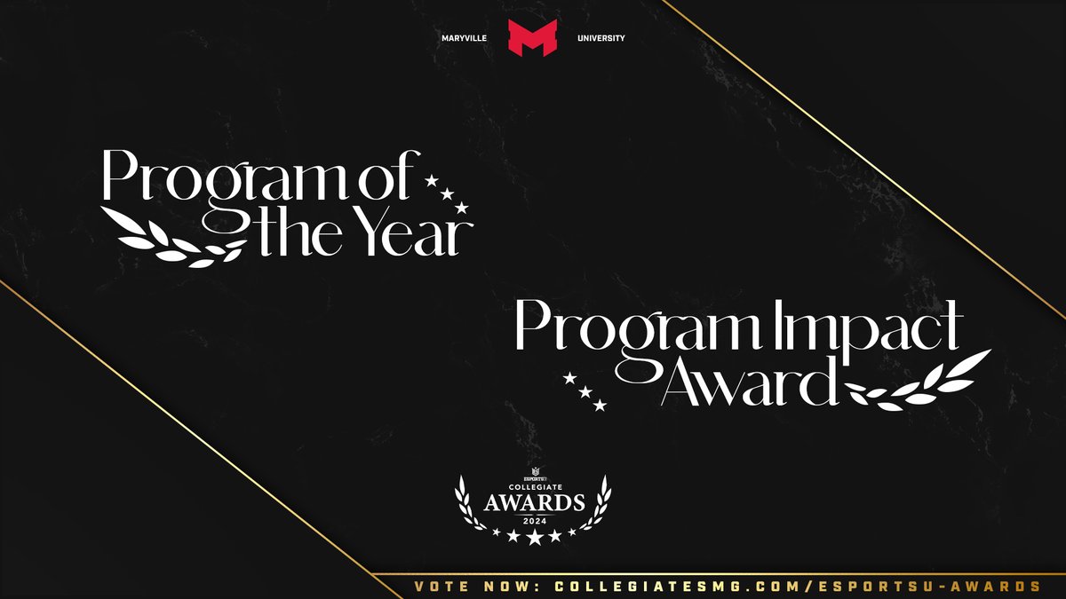 We're excited to announce that we've been nominated for two awards at this year's @EsportsUGaming Collegiate Awards ✨ Visit the link below to vote for Maryville University: 🔴 Program of the Year 🔴 Program Impact Award Cast your vote daily! 📍 collegiatesmg.com/esportsu-awards