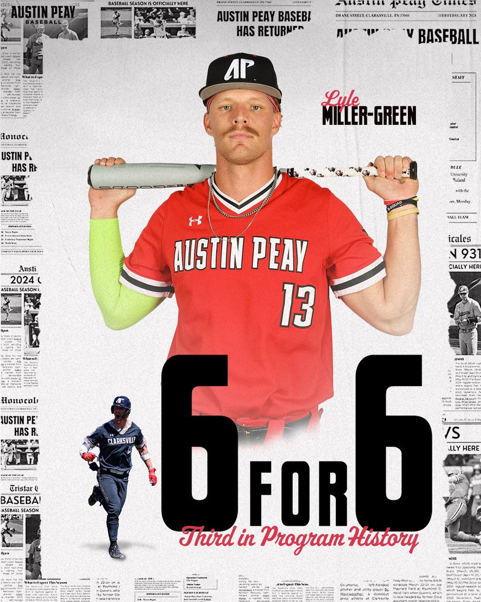 Congratulations Lyle Miller-Green! He is only the third Govs hitter in program history to go 6-for-6 in a game! @lmg1332 also became only the second Governor with 20 homers in a season! #LetsGoPeay | #️⃣🅱️🅰️🆖 @d1baseball | @USAGoldenSpikes | @ASUNSports