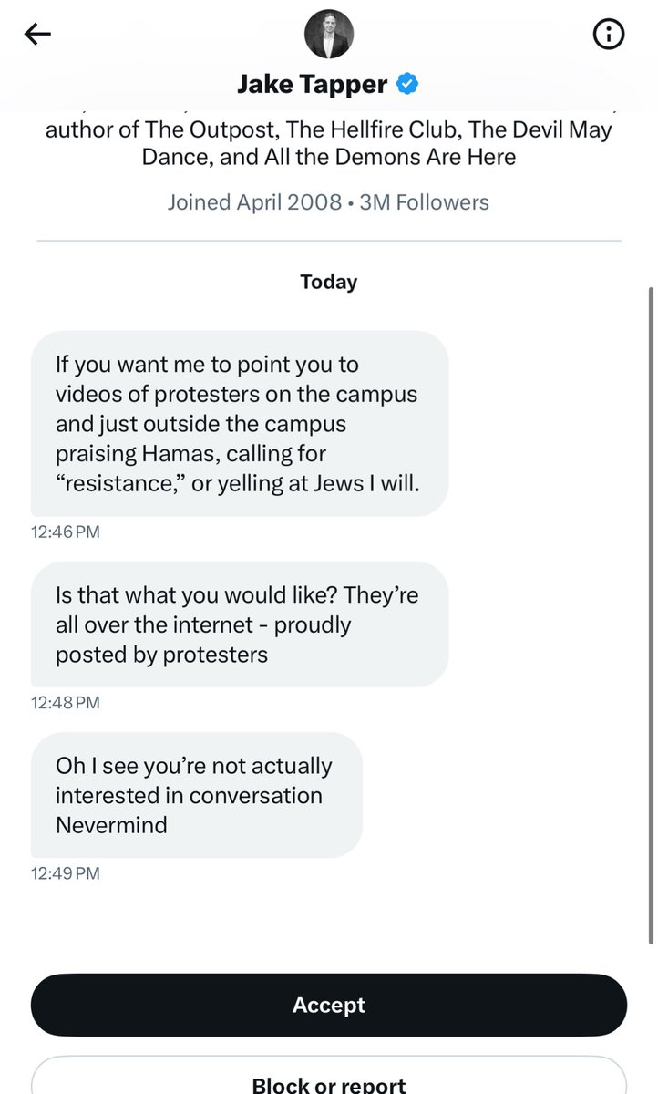 Besides the obvious “you should have evidence for what you as a journalist are claiming, which puts Jewish and Muslim students at harm,” u can’t message after 1min with “you’re not actually interested in conversation” - I’m not monitoring my message request folder by the minute.