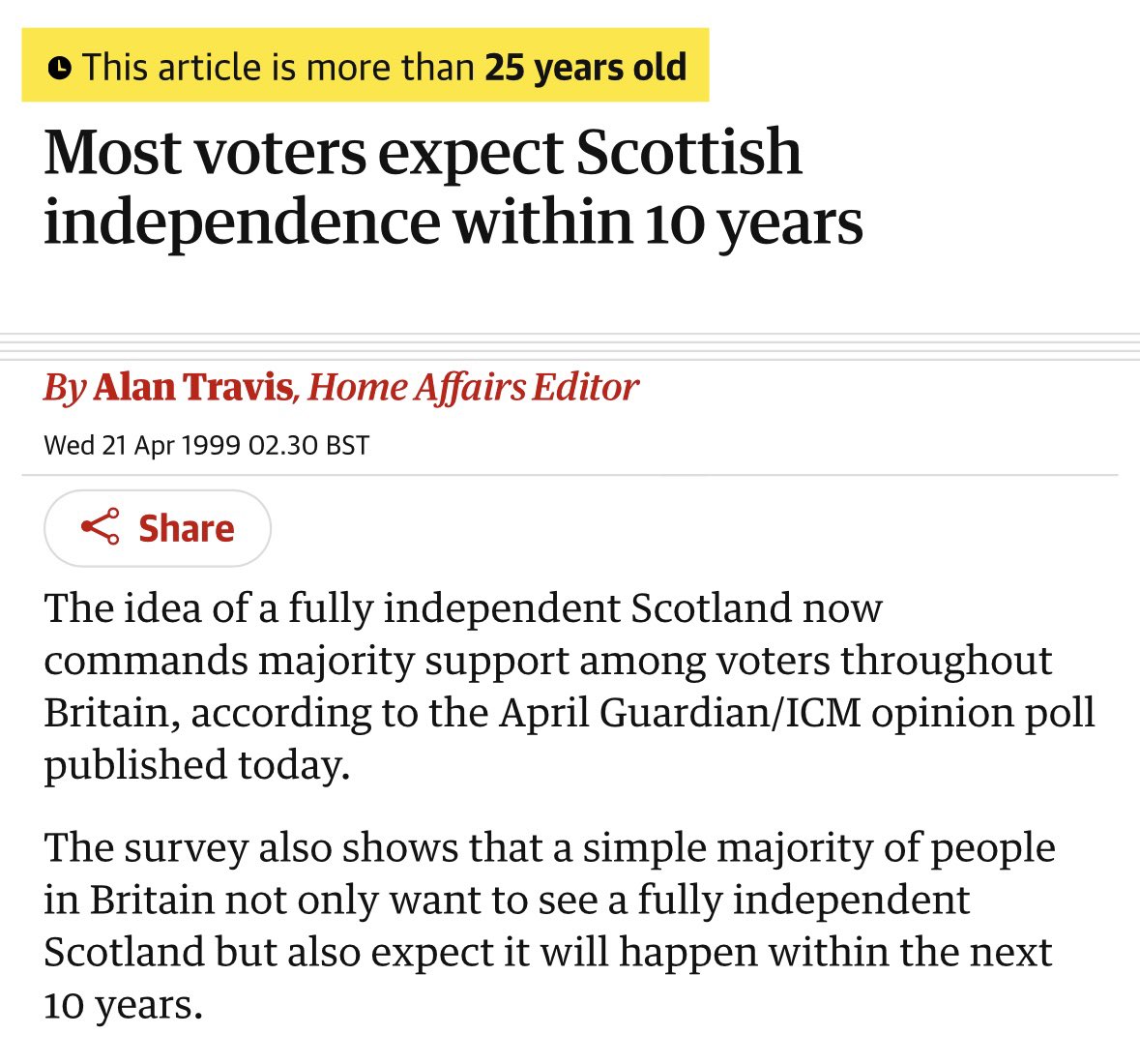 Most voters expect Scottish independence within 10 years. According to a poll published 25 years ago today.
