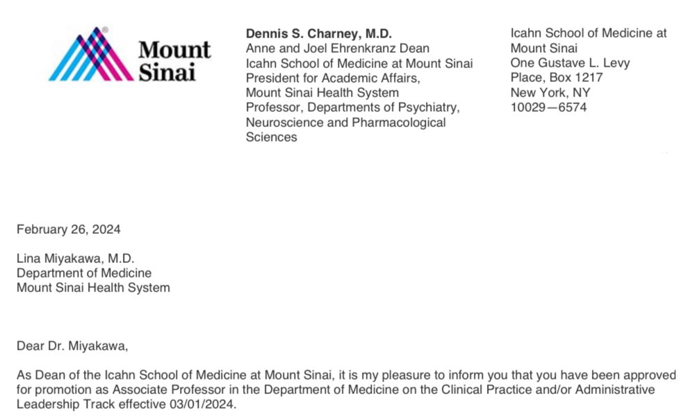 Promoted to Associate Professor of Medicine at @IcahnMountSinai 👩🏻‍🎓 Thank you to @DOMSinaiNYC Dr. Monica Kraft & Dennis Charney for this honor