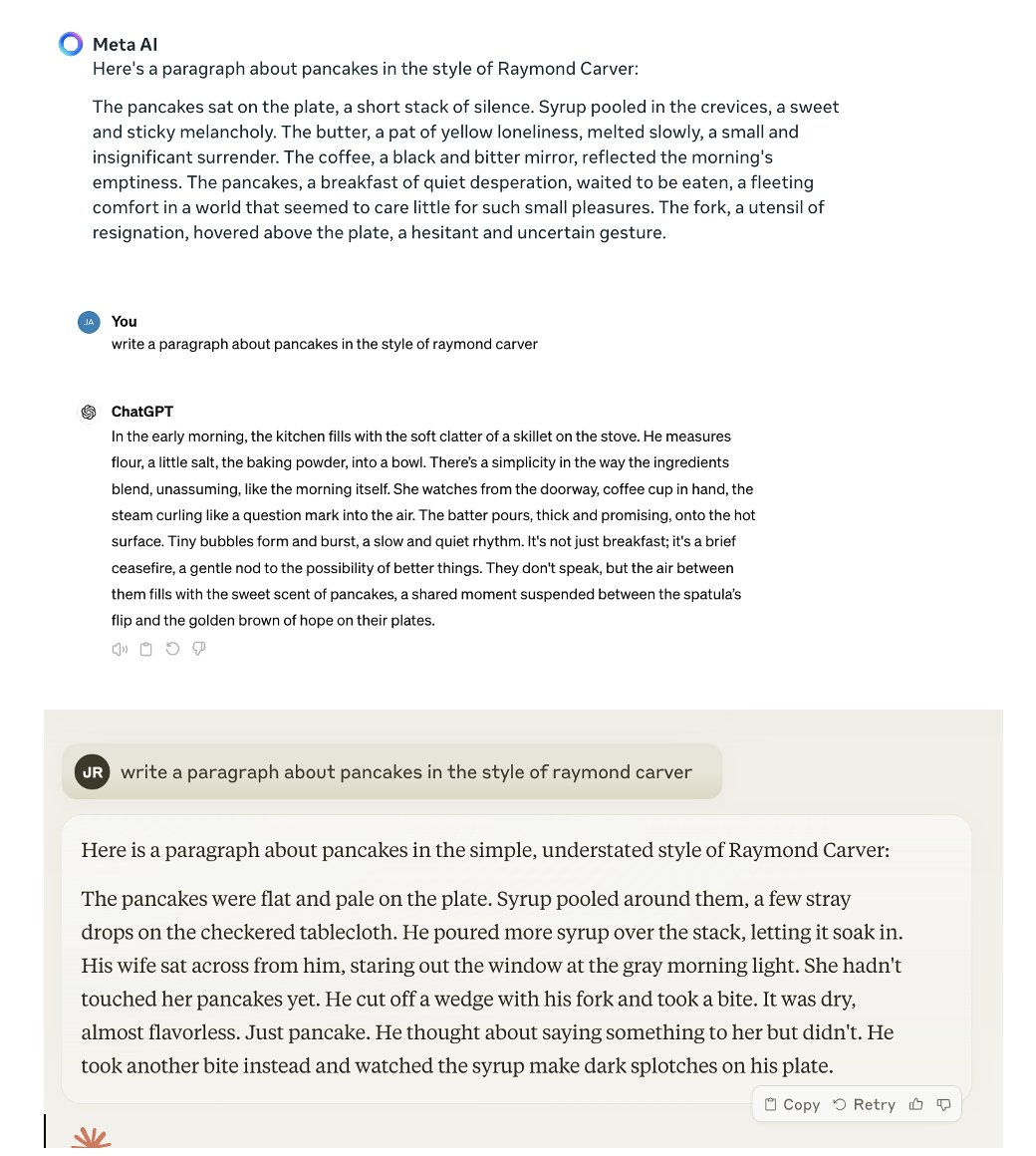 Meta, ChatGPT, and Claude write in the style of Raymond Carver.