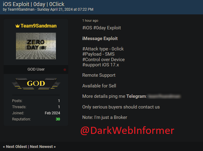 🚨URGENT🚨Allegedly, a Zero-day exploit for iOS iMessage is up for sale. There is no sample or PoC at time of this post. #DarkWebInformer #DarkWeb #Cybersecurity #Cyberattack #Cybercrime #Infosec #CTI #0Day #ZeroDay #iOS #iMessage #Exploit Details: - Attack Type: 0Click -…