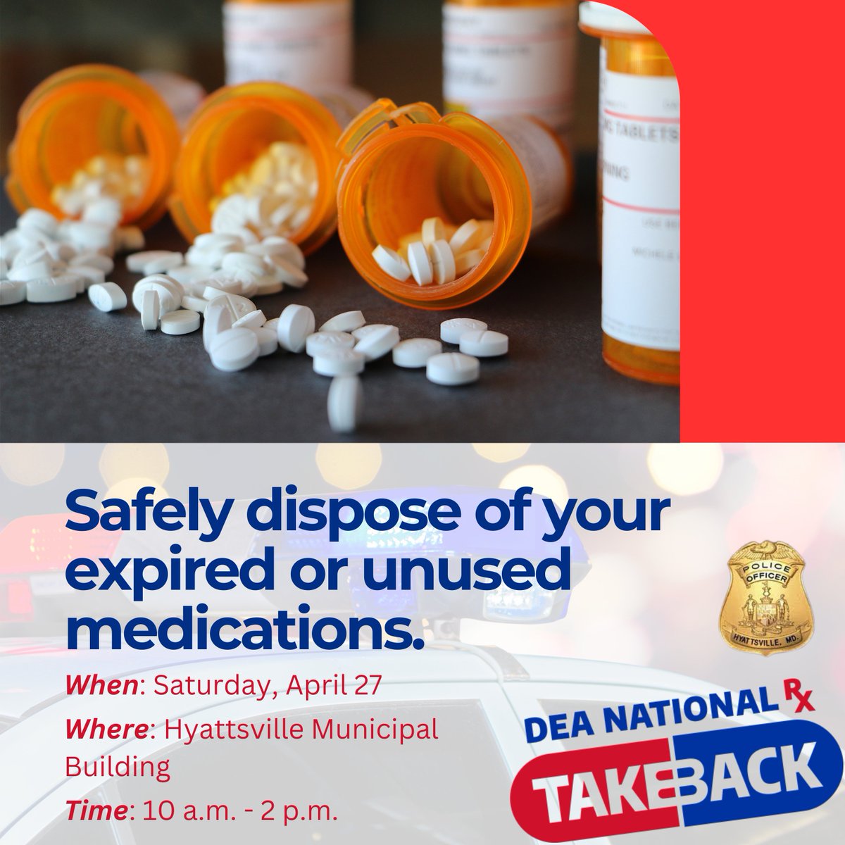 Dispose of your unwanted medications safely and responsibly at the @DEAHQ's National Prescription #DrugTakeBackDay next weekend! 📅Sat., April 27, 2024 🕙Time: 10 a.m. - 2 p.m. 📍Hyattsville Municipal Building, 4310 Gallatin St. Additional info at fb.me/e/1xNJnIKTT