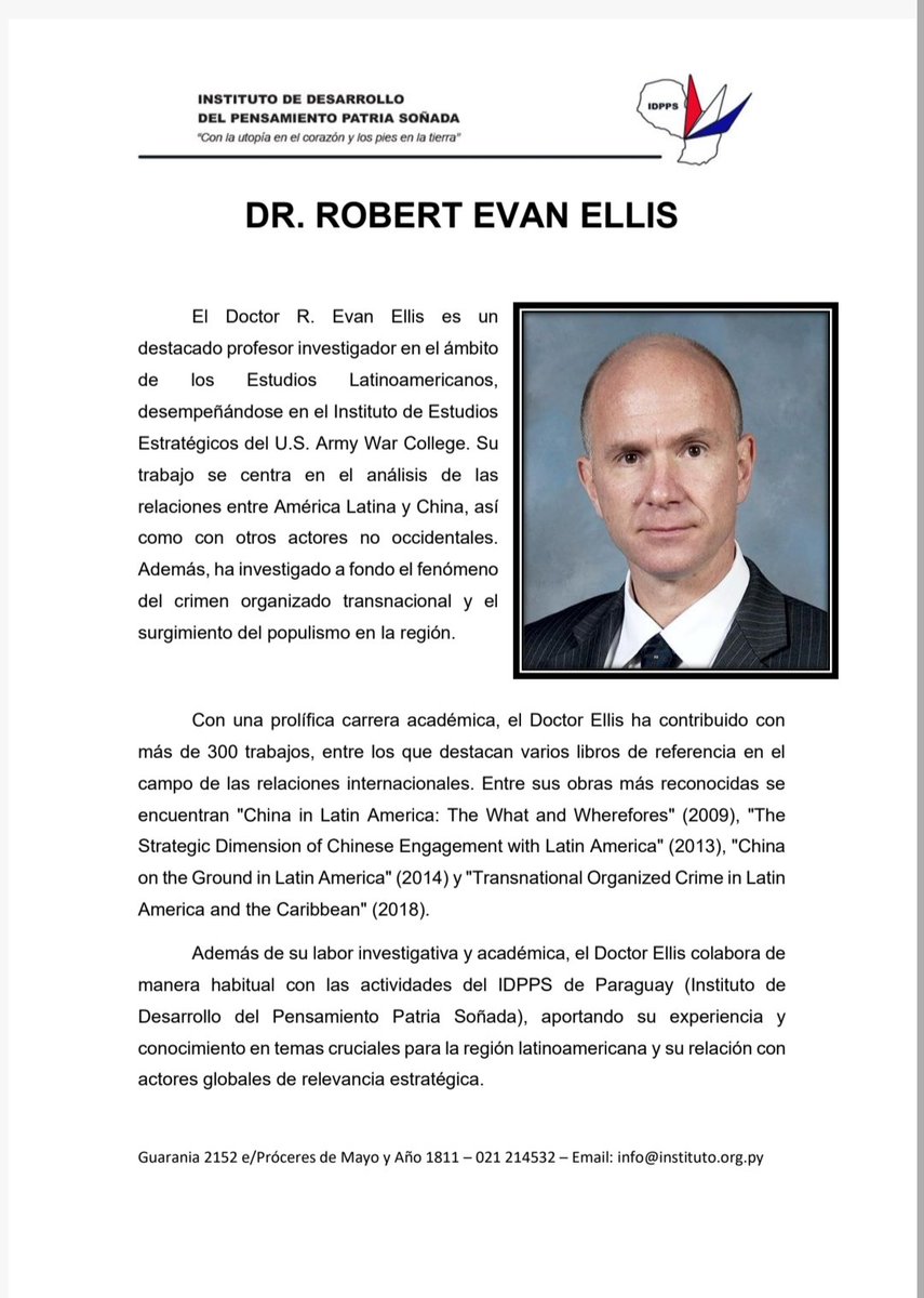 Instituto Patria Soñada trae al reconocido Dr. Evan Ellis para la presentación de la tercera edición de la Revista Paraguay - Taiwán, una cooperación de larga data. Detalles 👇