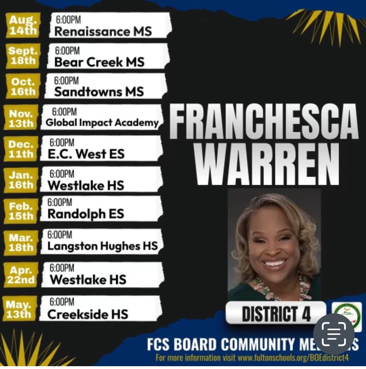 '📣 Calling all @COSFGA residents! Join us at @OneWestlake on April 22 at 6pm for an important community meeting hosted by @FultonCoSchools Board Member Mrs. Franchesca Warren. Come learn about the exciting direction of Fulton County Schools!
