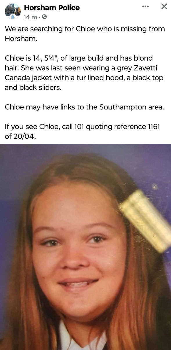 Ok twitter.
Young girl, Chloe, missing from horsham. Help find her