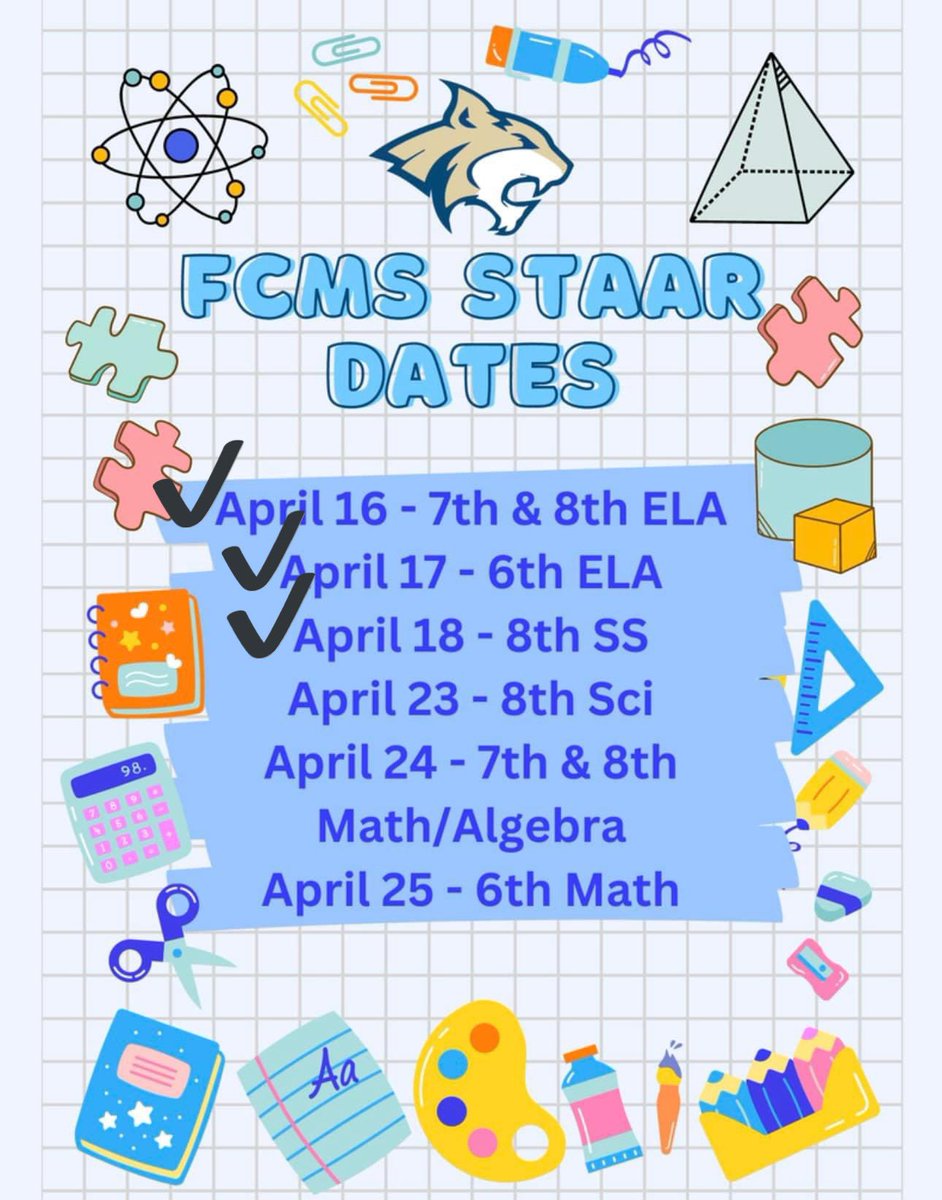 ✔️ 3 down ✔️ ⭐️ 3 to go ⭐️ STAAR testing continues this week: