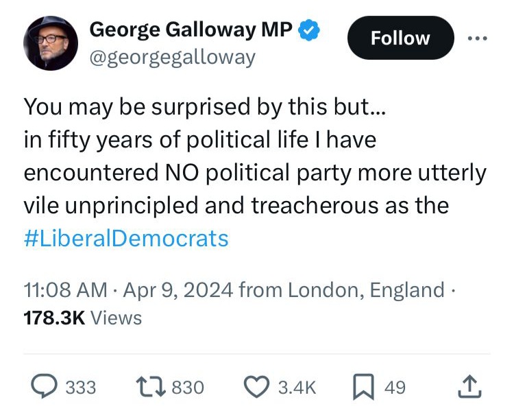 George Galloway and the Lib Dems, a Tale of 5 Acts. 🧵 1. Galloway says the Lib Dems are the most ‘utterly vile, unprincipled and treacherous’ party he’s ever encountered in 50 years in politics