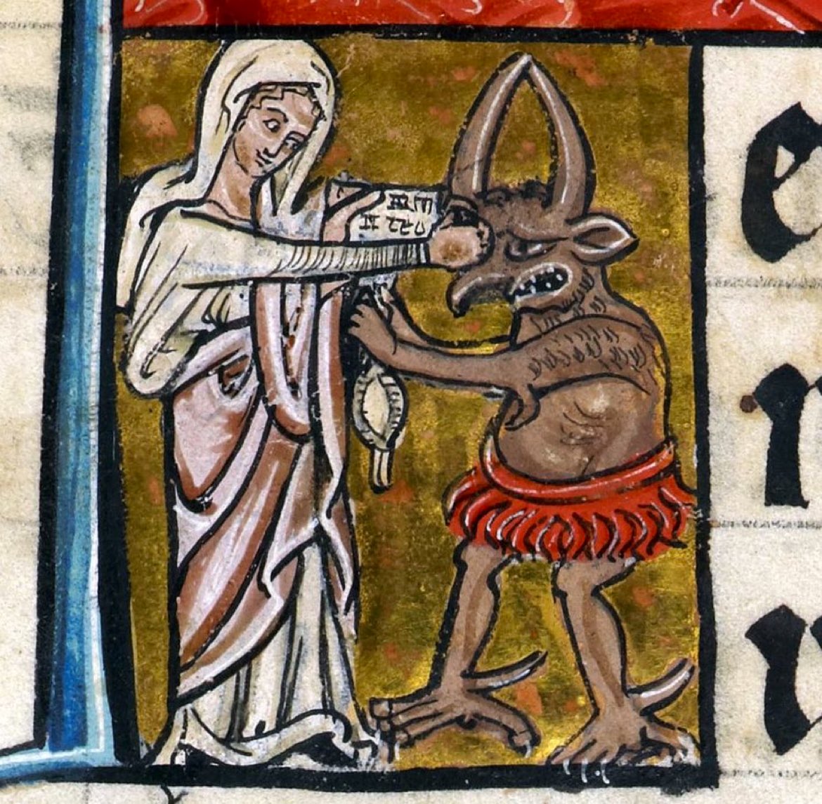 The Virgin Mary punching the Devil in the face, painting from c. 1240.