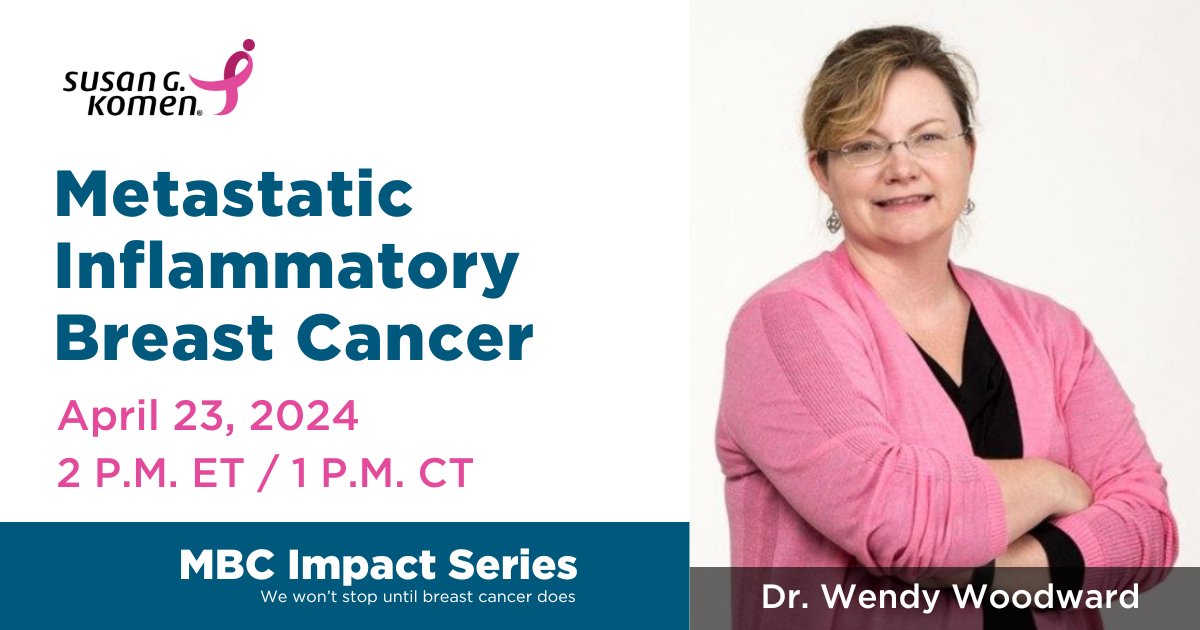 Join us from 1-2PM CST on April 23 for a live webinar featuring Dr. Wendy Woodward from @MDAndersonNews. Tune-in as she shares cutting-edge treatments and groundbreaking research on inflammatory breast cancer. Register now to secure your spot! bit.ly/3JlFs1e