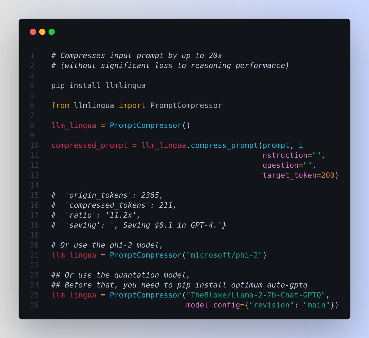 rohanpaul_ai's tweet photo. llmlingua - This great lib from Microsoft can 𝗰𝗼𝗺𝗽𝗿𝗲𝘀𝘀 your prompt massively.

📌 Up to 20% of the prompt's original length (5x reduction), leading to massively reduced cost and latency.

🔥 speed up LLMs' inference and enhance LLM's perceive of key information, compress the prompt and KV-Cache, which achieves up to 20x compression with minimal performance loss.

📌 Extremeley useful when you are continuously feeding info to an agent. In this situation, you want to progressively compress up the running history of an agent or a chat with an agent to smaller and smaller sizes and feed it back to model, so it can stay on track. LLMLingua is great for doing it.

----

Great solutions for the below problems

- Exceeding Token limit when asking ChatGPT to summarize lengthy texts?

- or ChatGPT forgetting previous instructions after extensive fine-tuning?

- or High costs using GPT3.5/4 API for experiments despite excellent results?

-----

👉 The way it works

📌 LLMLingua-2 compresses long prompts into shorter versions by intelligently removing unnecessary words or tokens while retaining the essential information.

📌 It operates by initially training a model on a collection of original prompts and their shorter counterparts.

📌 This model is designed to determine which words in the original prompt should be retained or discarded in the shortened version.

📌 So LLMLingua-2 inputs the original prompt into the trained model. The model evaluates each word, assigning scores for retention or removal, while taking into account the surrounding context. The words with the highest retention scores are then chosen to construct the shortened prompt..

---------------

Now you can use LLMLingua & LongLLMLingua! 🔥

These tools offer an efficient solution to compress prompts by up to 20x, enhancing the utility of LLMs.

💰 Cost Savings: Reduces both prompt and generation lengths.

📝 Extended Context Support: Enhances support for longer contexts, mitigates the "lost in the middle" issue, and boosts overall performance.

⚖️ Robustness: No additional training needed for LLMs.

🕵️ Knowledge Retention: Maintains original prompt information like ICL and reasoning.

📜 KV-Cache Compression: Accelerates inference process.

🪃 Comprehensive Recovery: GPT-4 can recover all key information from compressed prompts.

📌 For Advanced usage you can do Structured Prompt Compressions. i.e. split text into sections, decide on whether to compress and its rate. Use <llmlingua></llmlingua> tags for context segmentation, with optional rate and compress parameters.
