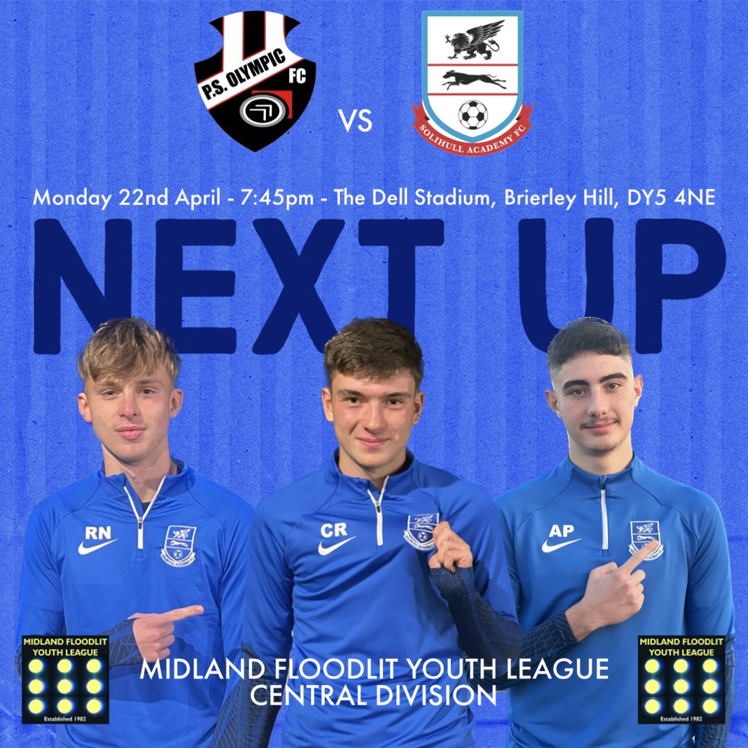 The last week of the Midland Floodlit Youth League and our u18’s have two massive games, starting with tomorrow night as they travel to play @psolympicfc 

🗓 Mon 22nd April 
🆚 PS Olympic FC
🕒 7:45pm
🏆 MFYL Central Division
🏟 The Dell Stadium, Brierley Hill. 
📍 DY5 4NE