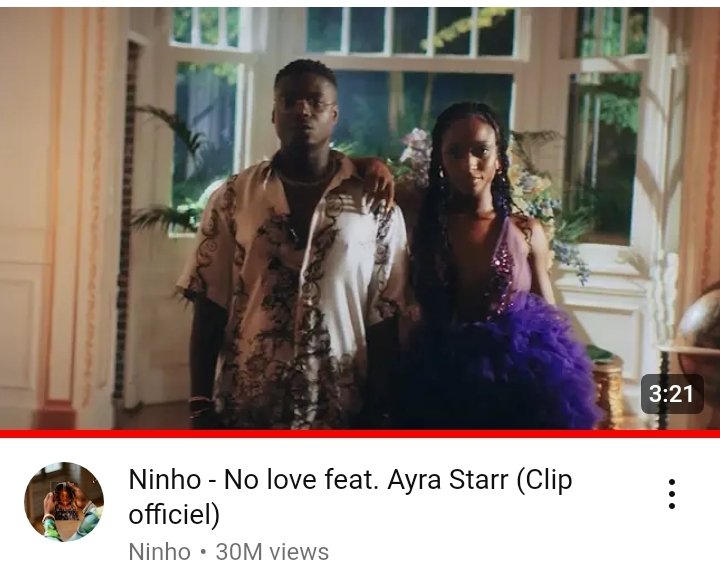 No love by Ninho and Ayra Starr has surpassed 30m views on YouTube 👏👏