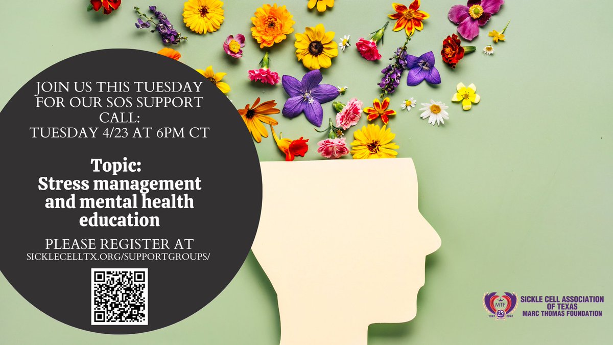 We invite you to attend our SOS meeting this Tuesday, featuring guest speaker Maria D. Hoenigman, the Director of Support and Outreach at NAMI (National Alliance of Mental Illness.) Register today at sicklecelltx.org/supportgroups/ #stressmanagement #mentalhealtheducation #support