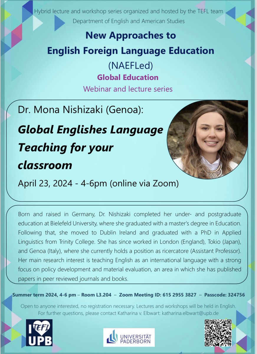 Come and join us online for Mona Nishizaki‘s talk on GELT practices for your classroom this Tuesday (April 23,24) 4pm. Details on the poster below ⬇️ #appliedlinguistics #GELT #globalenglishes #tefl #englishlanguageeducation #NAEFLed