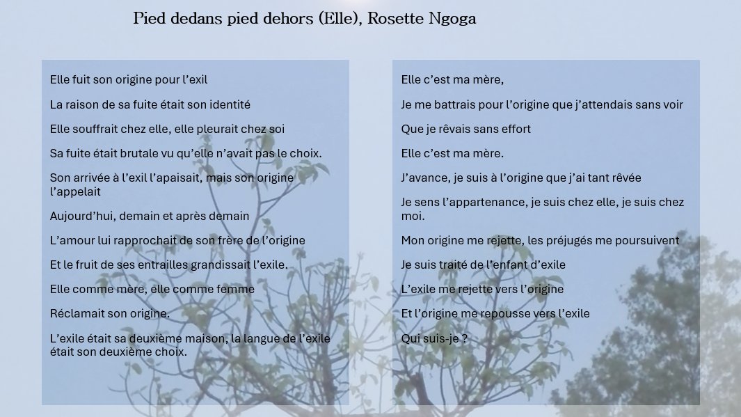 InkuruLibrary's tweet photo. "Pied dedans, pied dehors (Elle)" par Rosette Ngoga
#PoemsCollection #Storytelling https://t.co/VLk6A69RNM