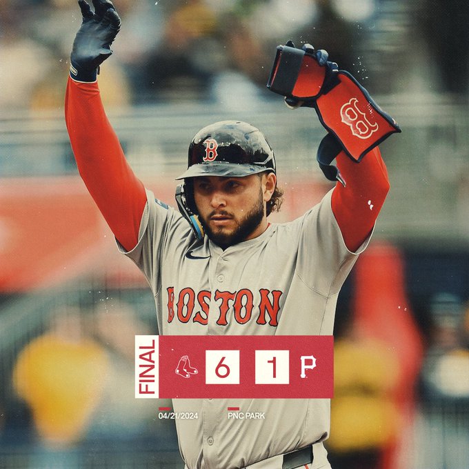 Pictured: Wilyer Abreu reacts after hitting an RBI double during the sixth inning against the Pittsburgh Pirates at PNC Park. Text: Final 4/21/2024 PNC Park Red Sox 6, Pirates 1