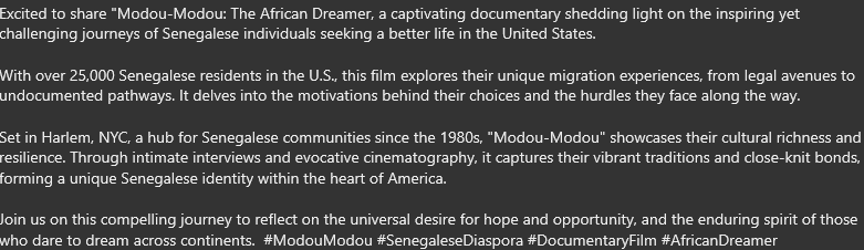 gofund.me/258fb707
EXCITED TO SHARE MODOU-MODOU: THE AFRICAN DREAMER, A CAPTIVATING DOCUMENTARY SHEDDING LIGHT ON THE INSPIRING YET CHALLENGING JOURNEYS OF SENEGALESE INDIVIDUALS SEEKING A BETTER LIFE IN THE UNITED STATES. #SenegaleseDiaspora #DocumentaryFilm #AfricanDreamer