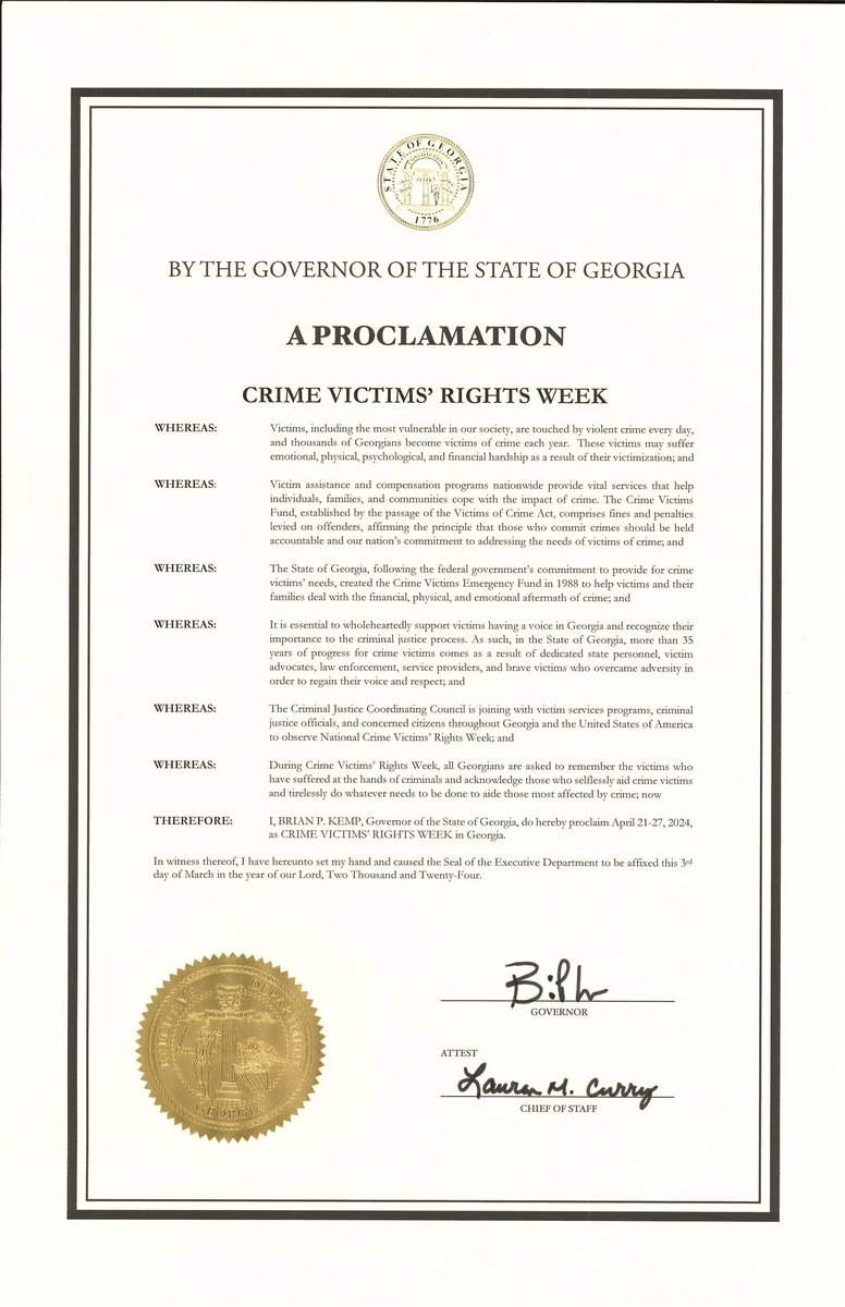 Governor Kemp is recognizing this as Crime Victims' Rights Week in GA. Join us Tuesday during #NCVRW2024 for a discussion on services for crime victims. pap.georgia.gov/press-releases… @govkemp #parolestrong #paroleworks #govs