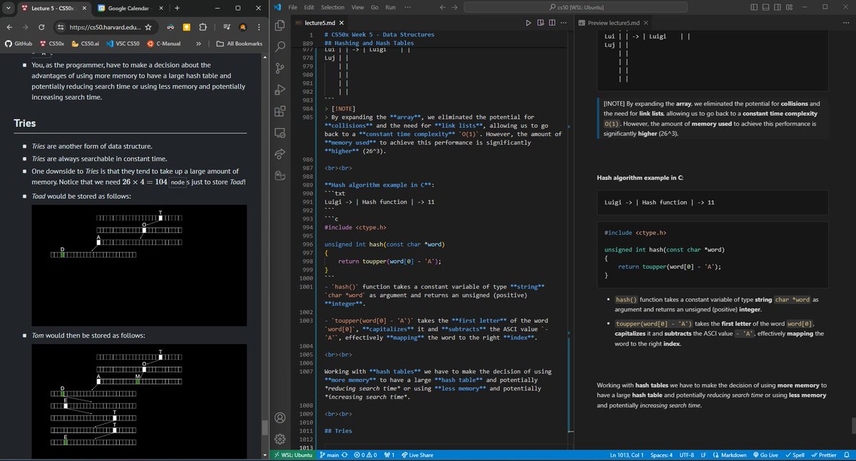 #100DaysOfCode 

Day 63 - #CS50 Week5 #DataStructures 

Finished Lecture 5, on  data structure design in #C.   

Stacks & queues, Linked lists, Trees, Dictionaries, Hashing & hash tables and Tries.

Next is practical section preparation for the problem set.