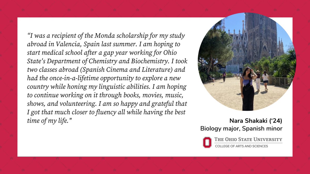 ASC students are enrolling in education abroad programs all over the globe in large part due to the generosity of the Monda International Experience Scholarships Fund. Biology major and Spanish minor Nara Shakaki traveled to Valencia, Spain last summer. #OSUGrad 🎓 @SPPO_OSU
