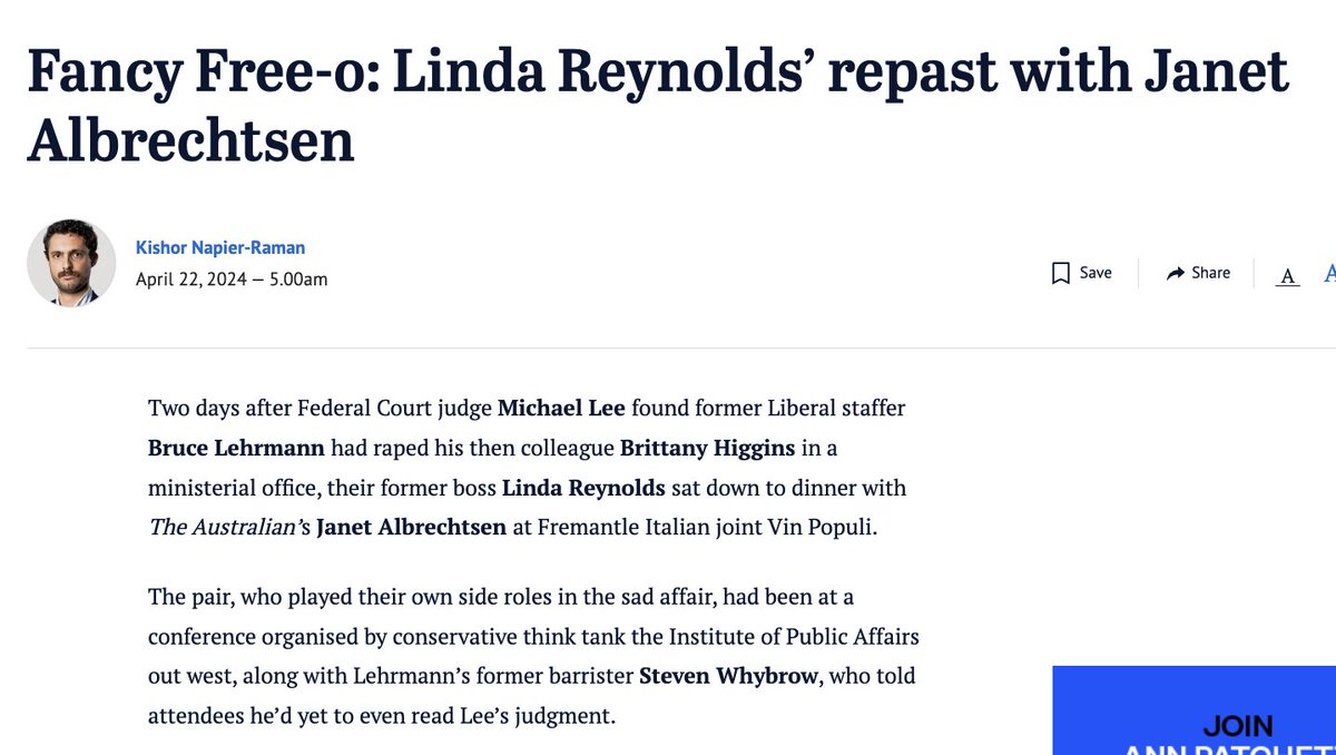 Amazing. Linda Reynolds dines with the Deidre Chambers of the Lehrmann/Higgins saga. theage.com.au/national/fancy…