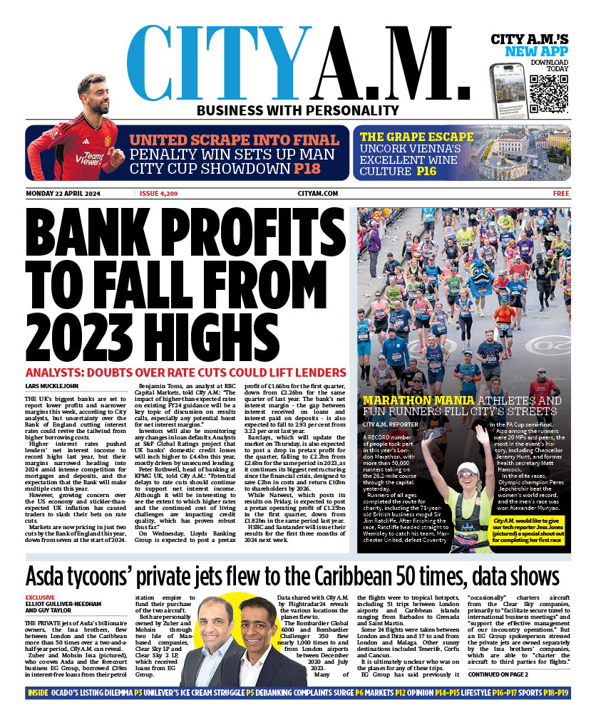Monday’s CITY A.M. - “Bank Profits To Fall From 2023 Highs” #TomorrowsPapersToday