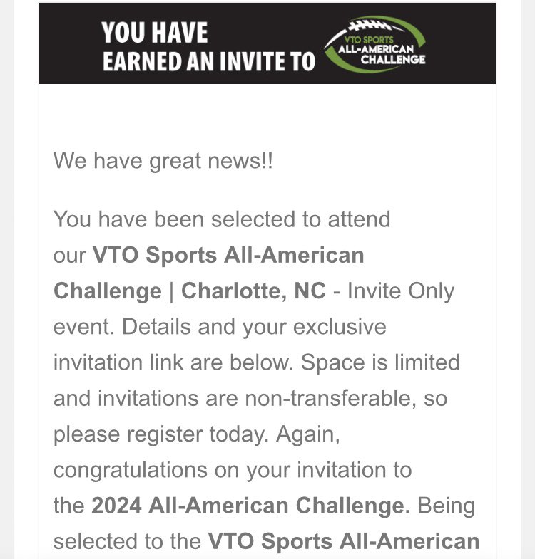 Proud to have received an invite to VTO Sports All-American Challenge. Thank you @VTOSPORTS for the invite! @WhippanyParkFB