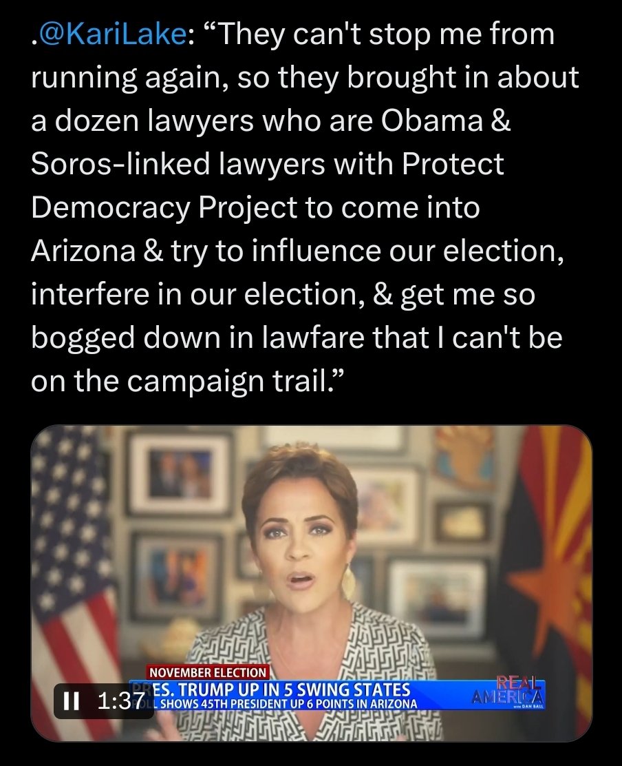 Kari Lake surrendered and admitted she lied and defamed an election official and all that's left to be decided is damages.  Think Rudy Giuliani and Trump / E Jean Caroll.  Now she is trying to be Trump Jr as usual saying it's election interference.  Weak!