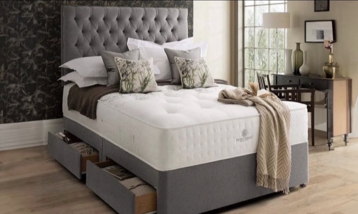 This grey divan bed with mattress and headboard is a MASSIVELY REDUCED!! 

Available in a range of sizes 

Check it out here ➡️ awin1.com/cread.php?awin…