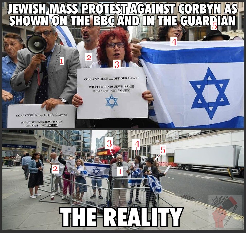 The promotion of fake antisemitism is nothing new. In 2018 the BBC and Guardian used camera angles to try and con their readers into believing that there was a 'mass-Jewish protest' against Corbyn outside the Labour Party HQ... which in fact was actually less than a dozen people.