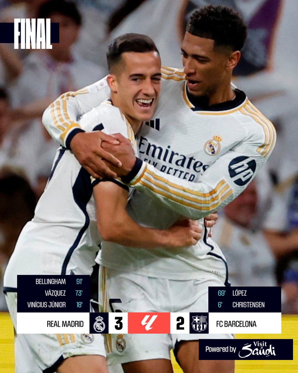 FINAL #ELCLÁSICO 3-2

🤍 ¡El <a href="/realmadrid/">Real Madrid C.F.</a> se lleva UN PARTIDAZO y es más líder de #LALIGAEASPORTS!

#ResultsByVisitSaudi