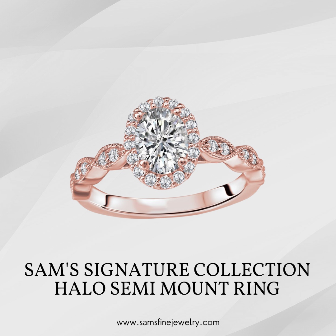 Embrace romance with the Sam's Signature Collection Halo Semi-Mount Ring. Crafted from 14kt rose gold, this enchanting ring features an oval-shaped halo encrusted with sparkling diamonds, exuding timeless glamor and allure. 

#samsfinejewelry #bridaljewelry #diamonds #jewelry